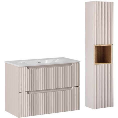 Petits-Meubles – Ensemble de meubles de salle de bain 80 cm – Vasque encastrée en céramique blanche – 2 tiroirs avec fermeture silencieuse – Colonne Cachemire