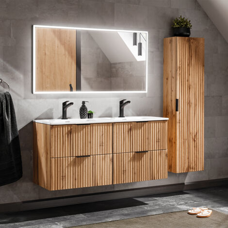 Petits-Meubles – Ensemble meuble salle de bain double vasque encastrée 120cm – Colonne en bois – 4 tiroirs avec fermeture silencieuse – Installation murale recommandée (1/5)