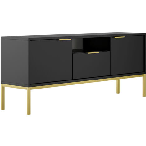 Meuble TV 2 portes 1 tiroir 135x33x56,4 cm noir et métal doré - AUZTY (1/5)
