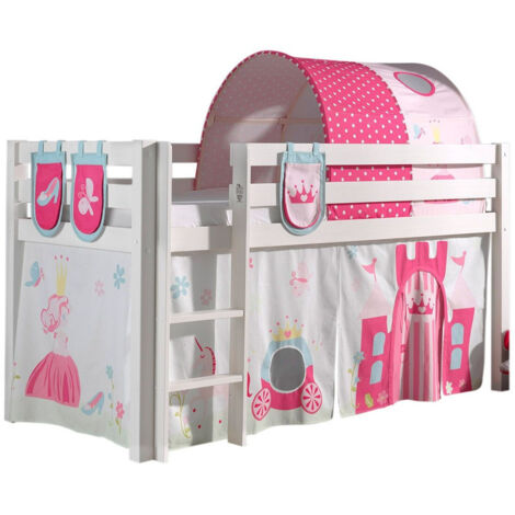 Lit mezzanine 90x200 avec tente tunnel et 3 pochettes princesse pin massif clair Pino 2 (1/3)