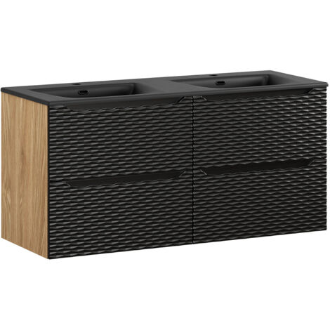Petits-Meubles – Meuble double vasque encastrée 120cm – 4 tiroirs – Vasque en céramique – Finition noir et bois chêne huilé – Système de fermeture silencieuse