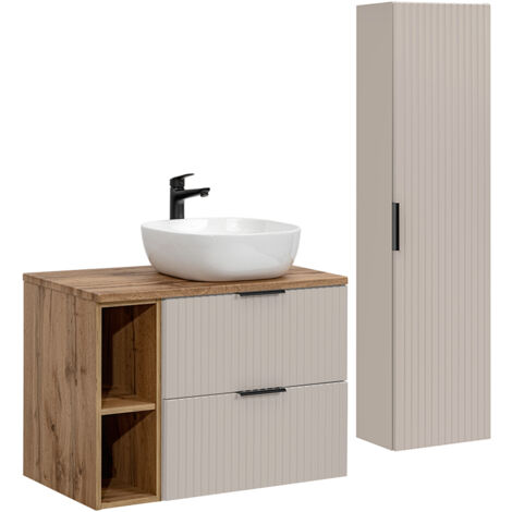 Ensemble meuble simple vasque 80cm 2 niches et colonne Adriel Cachemire et Bois (1/5)