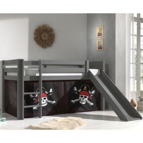 Lit toboggan 90x200 avec tente pirate marron pin massif gris Pino (1/5)