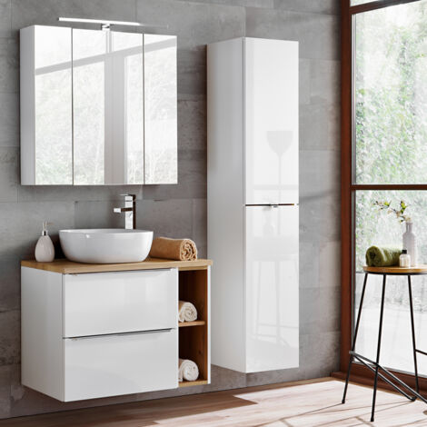 Ensemble meuble simple vasque 80cm 2 niches et colonne April Blanc et Bois (1/5)