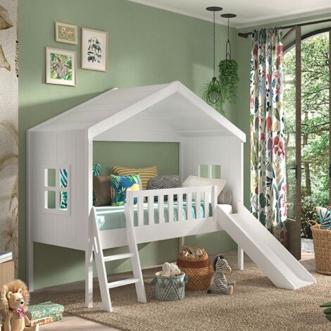 Petits-Meubles – Lit cabane 90x200 avec toboggan et sommier inclus – Panneaux MDF et bois de pin scandinave – Normes de sécurité EN 71-3 et EN 747-1 (1/4)