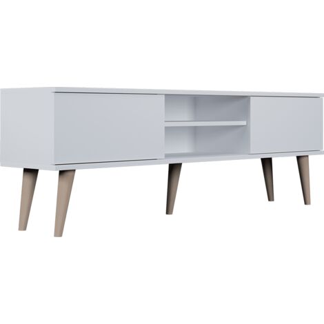 Meuble TV 2 portes 160x35x55,2 cm blanc et naturel - CISKO (1/5)