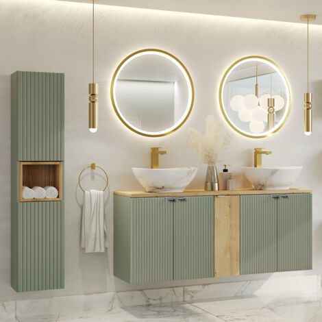 Ensemble meuble double vasque 140cm 5 portes et colonne Jade Vert et Bois (1/5)