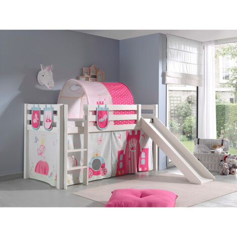 Lit Mi-Hauteur 90x200 avec Toboggan Sommier Inclus et Housse Princesse Vipack Pino - Blanc (1/5)
