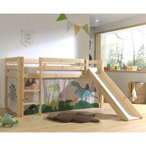 Lit toboggan 90x200 avec tente dinosaure pin massif clair Pino (1/5)
