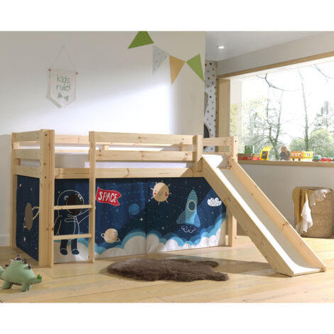 Lit toboggan 90x200 avec tente astronaute pin massif clair Pino (1/5)