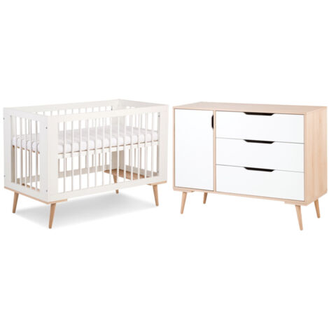 Lit bébé 60x120 avec commode à langer – Panneaux MDF, bois de hêtre et pin – 3 niveaux de hauteur de sommier – Normes de sécurité EN 71-3