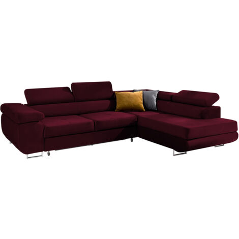Petits-Meubles – Canapé d'angle convertible droit 4 places – Méridienne droite – Revêtement velours bordeaux – Appui-tête réglable – Coffre de rangement (1/4)