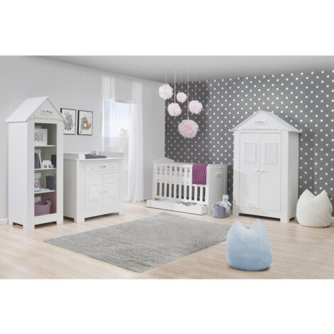 Chambre complète lit bébé – Commode à langer avec plan amovible – Armoire 2 portes MDF blanc – Fabrication européenne