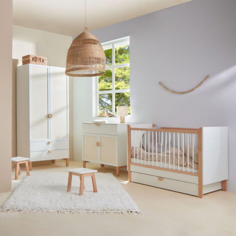 Chambre complète lit bébé 60x120 commode à langer et armoire 2 portes Bellamy Laurie Blanc et bois