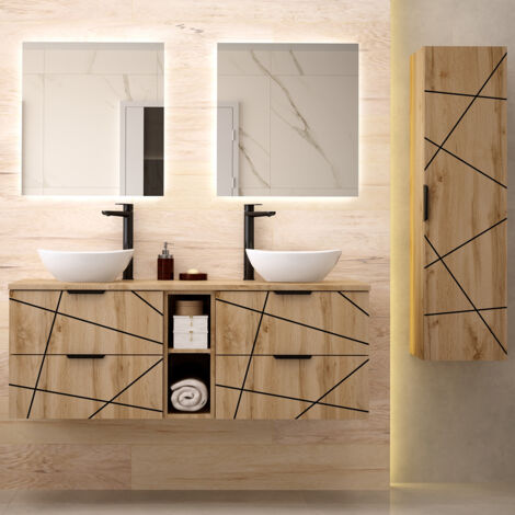 Petits-Meubles – Meuble sous vasque double 140cm – 2 niches et colonne – MDF 18mm – Finition bois chêne – Vasques céramique incluses
