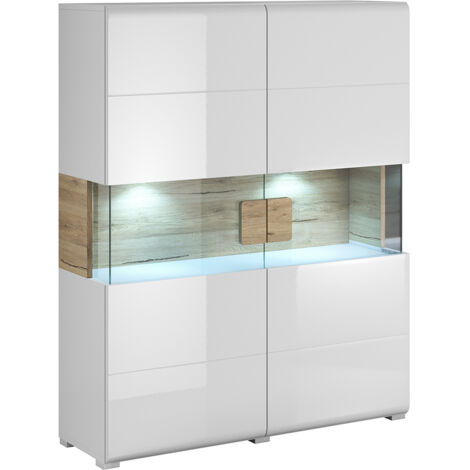 Petits-Meubles – Vaisselier 2 portes avec LED – Finition blanc laqué et bois chêne San Remo – Dimensions 122x39x152 cm – 2 portes vitrées et 6 étagères amovibles