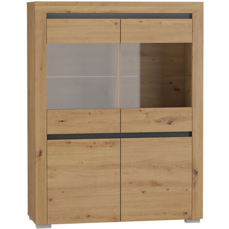 Petits-Meubles – Vaisselier 4 portes en panneaux stratifiés – Dimensions 106 x 39 x 140 cm – Éclairage LED blanc froid inclus – 2 portes vitrées et 4 étagères réglables