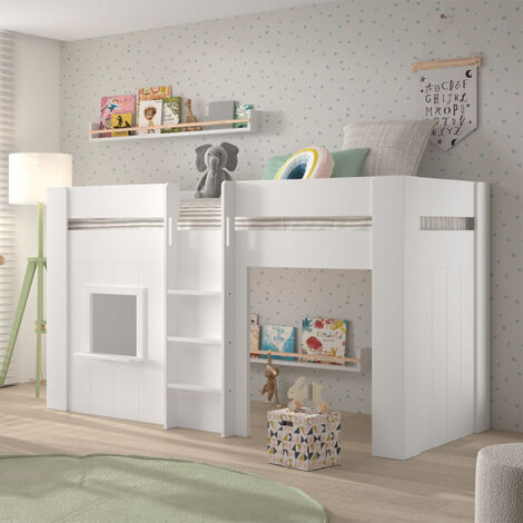 Petits-Meubles – Lit cabane mi-hauteur 90x200 – Panneaux MDF laqués blancs – Barrière de sécurité – Fenêtre personnalisable droite/gauche (1/5)