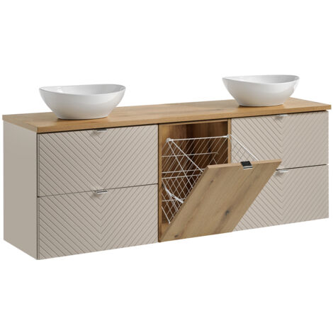Petits-Meubles – Meuble double vasque 160 cm – 4 tiroirs – Panier à linge intégré – Céramique cachemire et bois – Système de fermeture silencieuse
