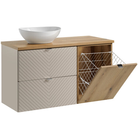 Petits-Meubles – Meuble avec vasque simple 100 cm – 2 tiroirs – Panier à linge intégré – MDF 16 mm – Céramique cachemire – Système de fermeture silencieuse