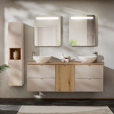Petits-Meubles – Ensemble meuble double vasque 160cm – 4 tiroirs – Panier à linge intégré – Colonne en cachemire et bois – Installation murale recommandée
