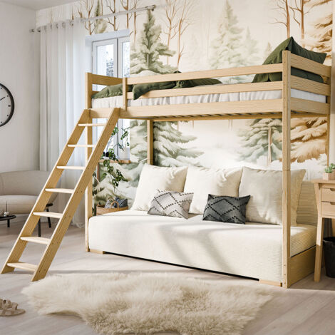 Lit mi-hauteur 90x200 sommier et canapé inclus Orlane Bois et blanc cassé (1/5)