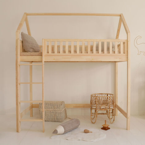 Lit cabane mi-hauteur 90x200 sommier inclus Daisy Bois (1/5)