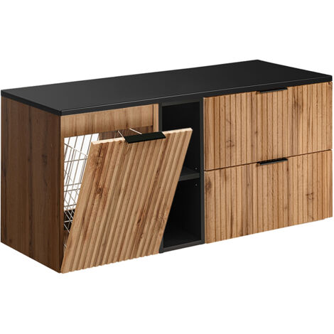 Meuble sous-vasque 120cm 2 niches panier à linge Adriel Bois et Noir (1/4)