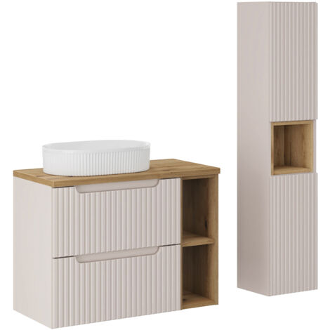 Ensemble meuble simple vasque 80cm 2 tiroirs 2 niches et colonne Riva Cachemire et Bois (1/5)