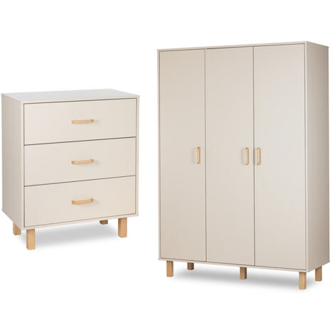 Commode 3 tiroirs et armoire 3 portes Littlesky by Klups Laura Champagne et Bois