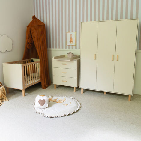 Chambre complète lit évolutif 60x120 commode à langer et armoire 3 portes Littlesky by Klups Laura Champagne et Bois