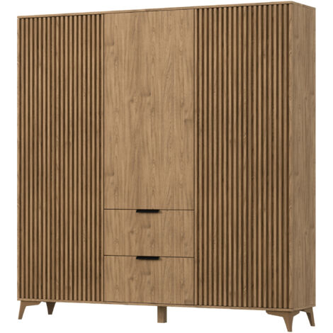 Les Tendances – Armoire de chambre 185x60x192 cm en bois clair rainuré – 3 portes, 2 tiroirs, 6 étagères – Fabrication européenne (1/5)