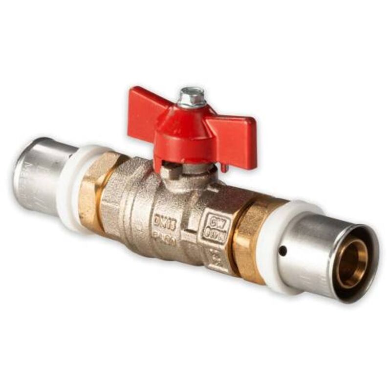 MegaHaustechnik Kugelhahn aus Messing mit Schraubanschlüssen für Mehrschichtverbundrohr 26x3 mm (Außen x Wandstärke), Flügelgriff rot, Trinkwasser geeignet, Schraub-Fitting Absperrhahn Ventil