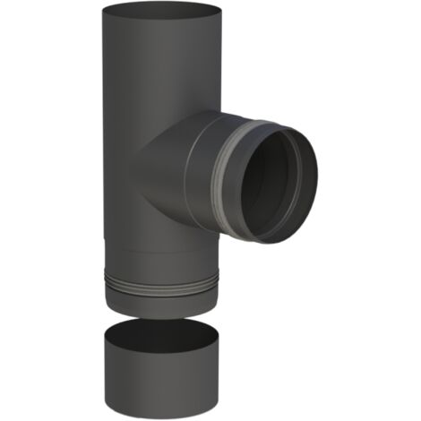 Jeremias PELLET-LINE T-Anschluss 90° mit Abgang mit Einzug und abnehmbarer Kondensatschale ohne Ablauf (oben glatt) Edelstahl schwarz Ø 80 mm