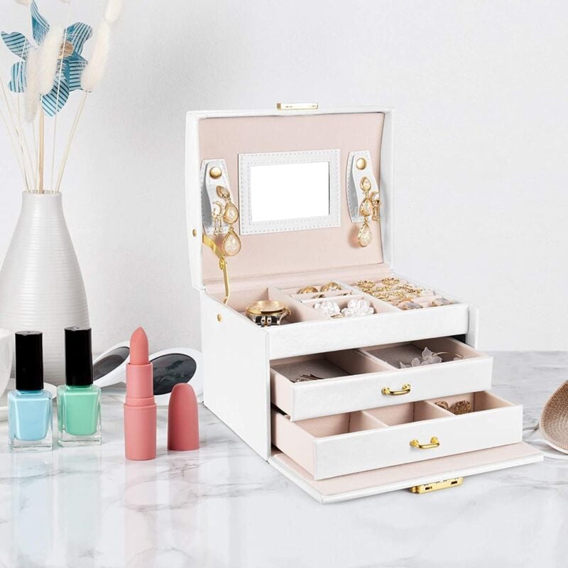 Boite a Bijoux pour femme avec miroir, boîte à bijoux en cuir à 2 tiroirs, coffre à bijoux verrouillable doublure en velours rangement pour bagues, boucles d'oreilles, colliers et bracelets(Blanc) 3