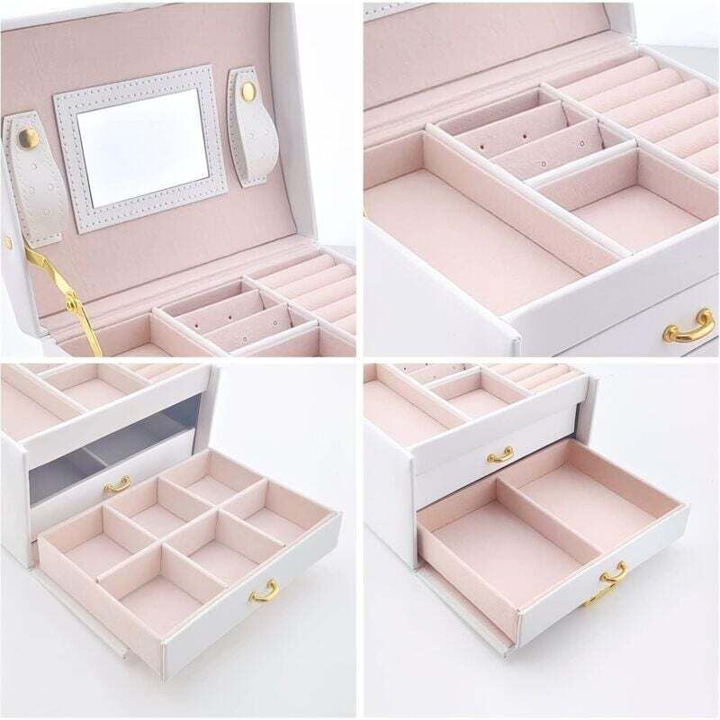 Boite a Bijoux pour femme avec miroir, boîte à bijoux en cuir à 2 tiroirs, coffre à bijoux verrouillable doublure en velours rangement pour bagues, boucles d'oreilles, colliers et bracelets(Blanc) 4