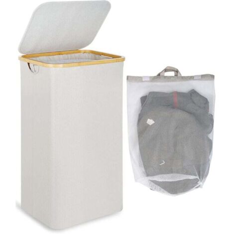 Lauwexe – Panier à linge pliable 100 L – Couvercle anti-poussière – Sac intérieur amovible et lavable – Poignées en bambou pour transport facile