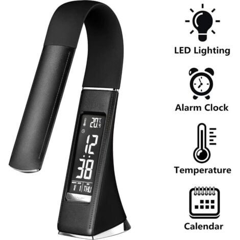 Lampe de bureau LED U2 5W, écran dimmable, lampe de table avec réveil, calendrier, affichage de l'heure et de la température, lampe de chevet avec 3 niveaux de luminosité dimmable, noir (noir)