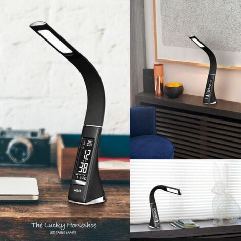 Lampe de bureau LED U2 5W, écran dimmable, lampe de table avec réveil, calendrier, affichage de l'heure et de la température, lampe de chevet avec 3 niveaux de luminosité dimmable, noir (noir)
