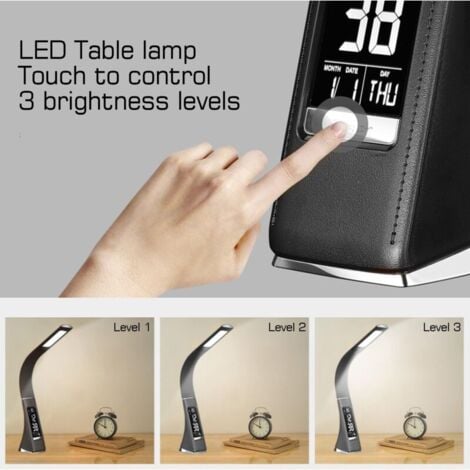 Lampe de bureau LED U2 5W, écran dimmable, lampe de table avec réveil, calendrier, affichage de l'heure et de la température, lampe de chevet avec 3 niveaux de luminosité dimmable, noir (noir)