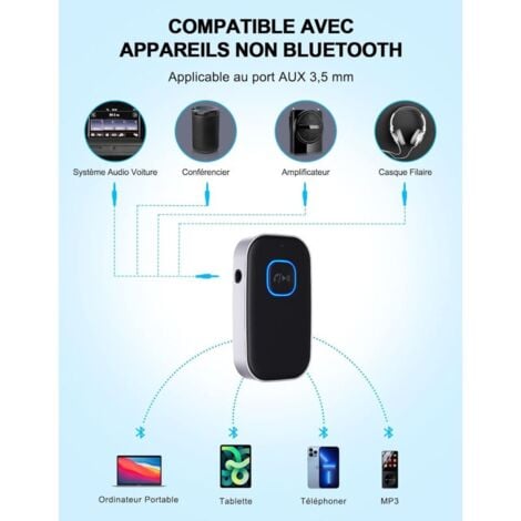 Recepteur Bluetooth 5.0 Voiture, Adaptateur Bluetooth Voiture 3,5mm AUX Jack avec sans Fil Réduction du Bruit pour Stéréo Voiture/Stéréo Domestique/Casque Filaire/Haut-Parleur/Mains Libres