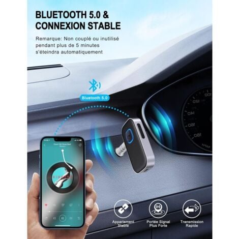 Recepteur Bluetooth 5.0 Voiture, Adaptateur Bluetooth Voiture 3,5mm AUX Jack avec sans Fil Réduction du Bruit pour Stéréo Voiture/Stéréo Domestique/Casque Filaire/Haut-Parleur/Mains Libres