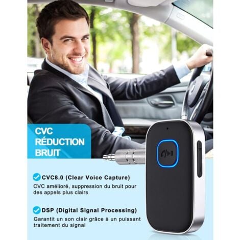 Recepteur Bluetooth 5.0 Voiture, Adaptateur Bluetooth Voiture 3,5mm AUX Jack avec sans Fil Réduction du Bruit pour Stéréo Voiture/Stéréo Domestique/Casque Filaire/Haut-Parleur/Mains Libres