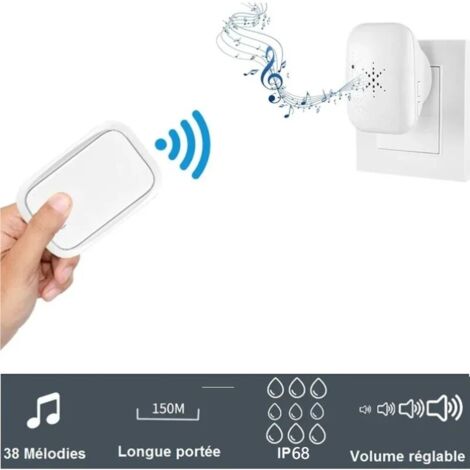 Sonnette sans Fil et sans Pile Extérieur Étanche IP 68 Neige Pluie Humidité,blanc