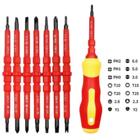 Jeu de tournevis d'électricien 7 pièces, jeu de tournevis multifonctionnel 14 en 1, jeu de tournevis isolés avec poignée souple, tournevis interchangeables pour les réparations d'électricien