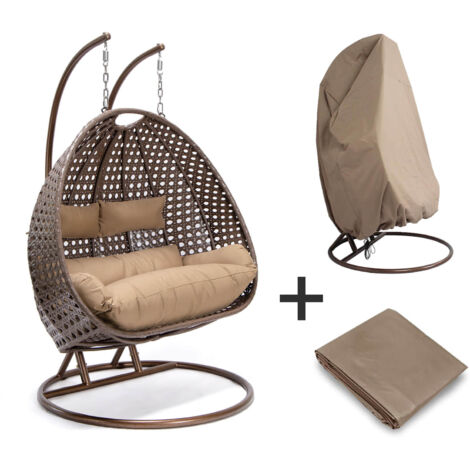 HOME DELUXE - Fauteuil suspendu en poly rotin avec couverture de pluie TWIN  Couleur : brun, Equipement : couverture de pluie incluse