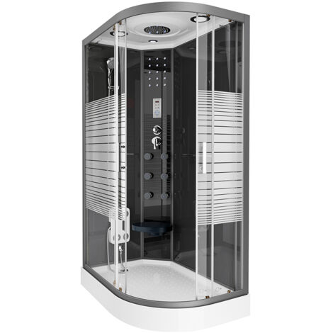 Home Deluxe – Cabine de douche BLACK PEARL 120 x 80 cm – Douche à effet pluie avec 126 buses – Siège rabattable – Éclairage LED bleu