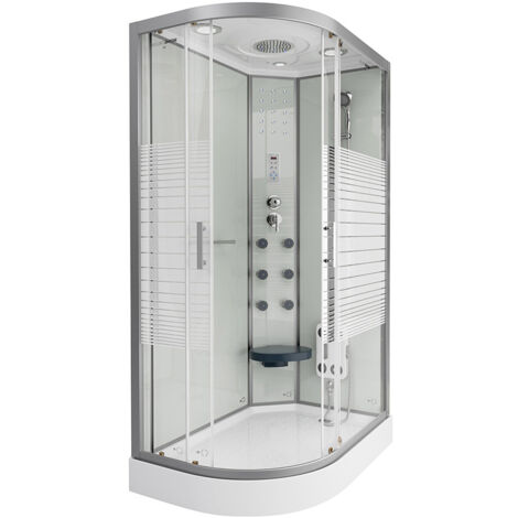 Home Deluxe – Cabine de douche complète 120 x 80 cm – Douche à effet pluie avec radio – Éclairage LED – Siège rabattable – Verre de sécurité trempé