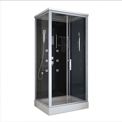 Home Deluxe – Cabine de douche rectangulaire 100 x 80 cm – Douche à effet pluie avec radio – Verre de sécurité teinté noir – Étagère en acrylique incluse (1/4)