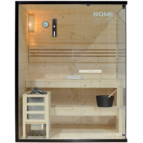 Home Deluxe – Sauna traditionnel 3 places 150 x 120 x 190 cm – Bois d'épicéa naturel – Verre de sécurité trempé – Poêle 4,5 kW pour chaleur authentique